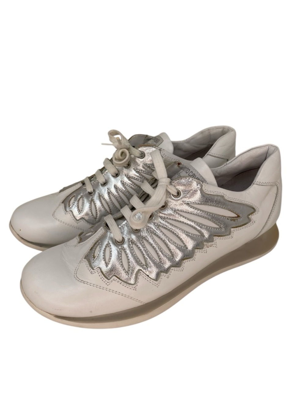 Roberto Cavalli Angels Shoes White Leather Sneakers Silver Wings Low Top Size 39